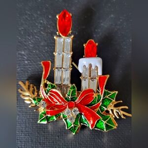 Festive Candle Brooch with Bow and Holly